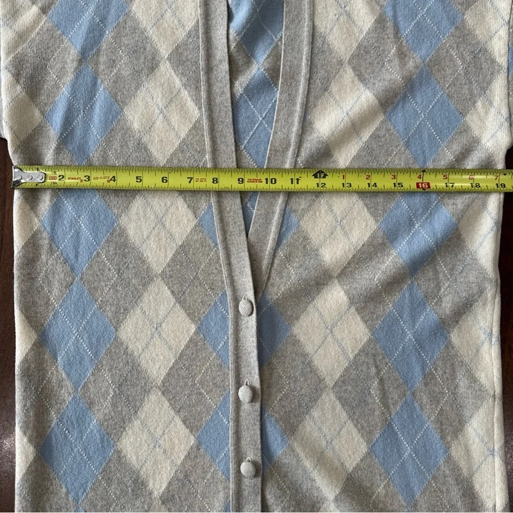 Jaeger 100% Lambswool Gray Blue Ivory Argyle Long Cardigan Sweater Vintage M